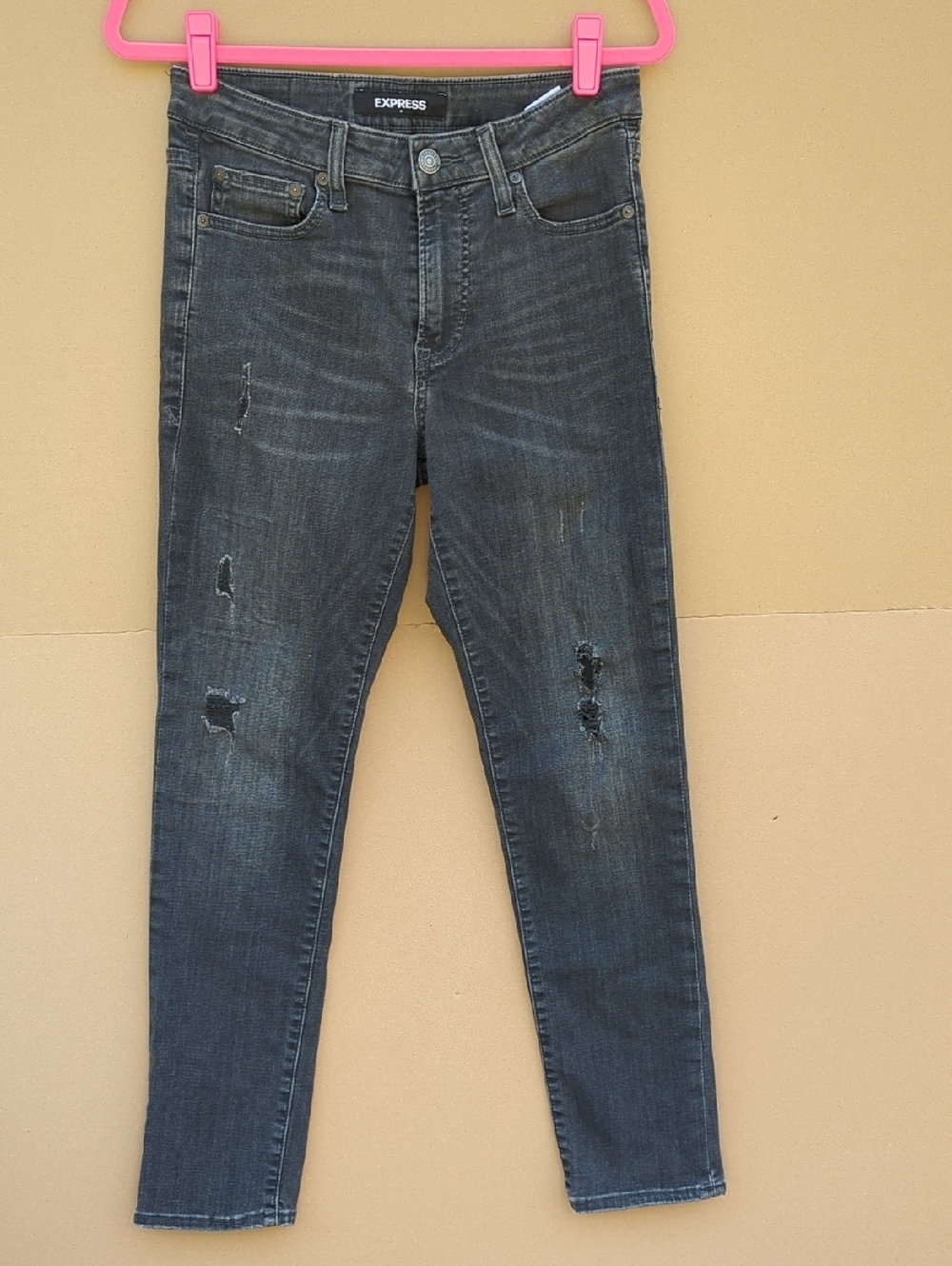 Express Women's Hyper Stretch Skinny Slim Jeans 29 Black Distressed Grunge